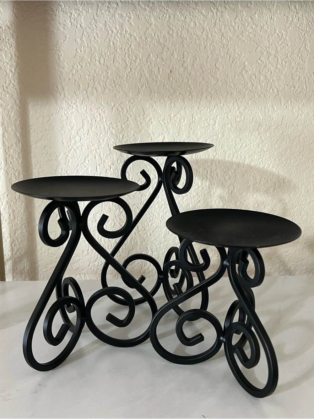 3 Black Decorative Scroll Wrought Iron Candle Stands